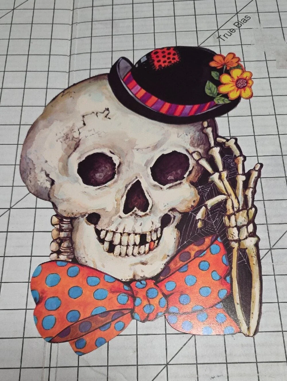 Halloween Skull with Polka Dot Bow Tie and Mini Hat, VTG, 10